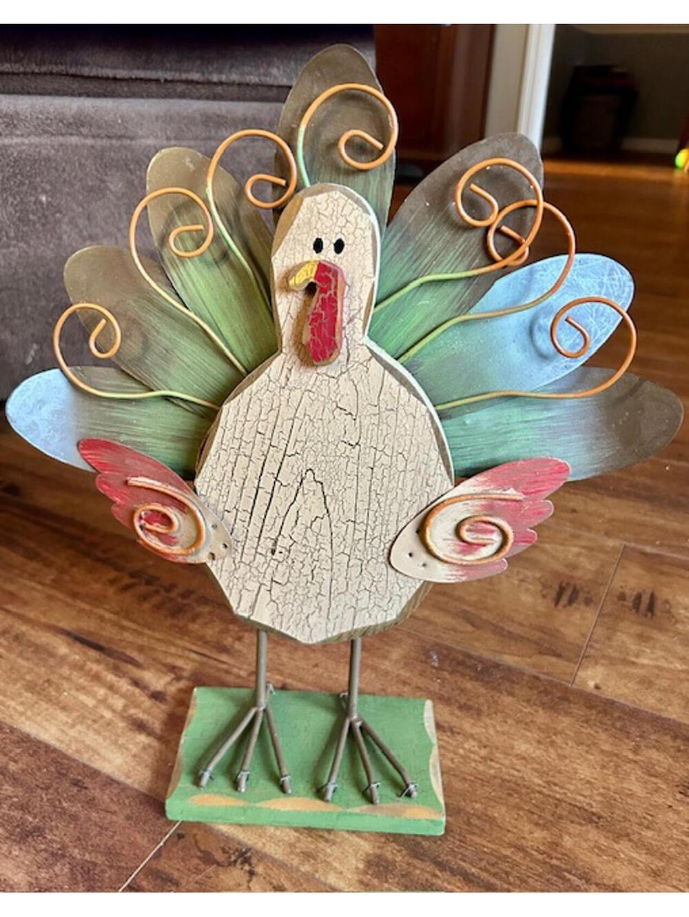 Decorative Metal and Wood Turkey Figurine